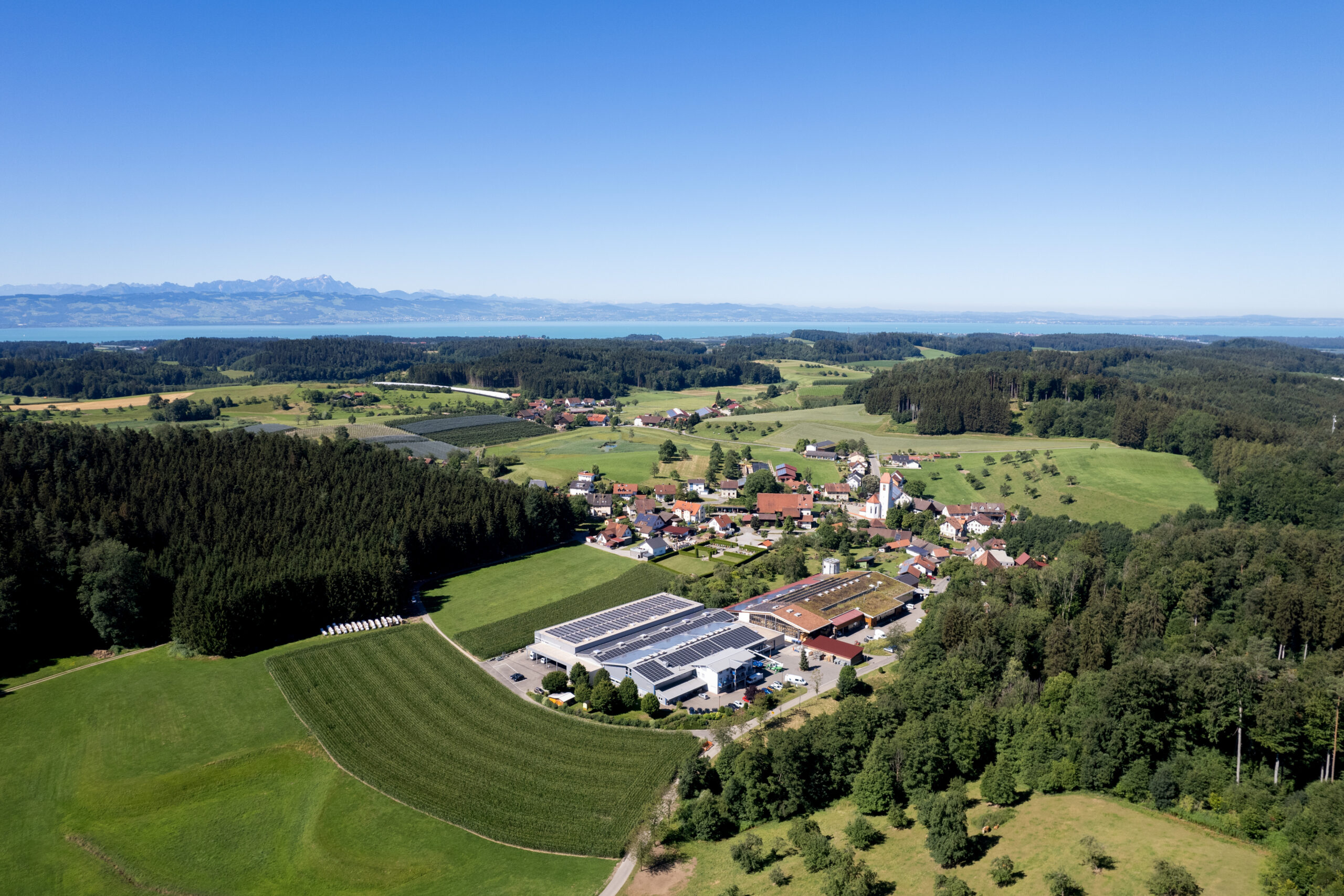 Luftaufnahme der Dorn Spritzguss GmbH in Tettnang-Hiltensweiler mit Produktionsgebäuden und Firmenstandort.