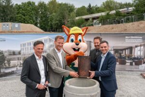 Visualisierung des Parkstadt Engelhalde Zentrums der Sozialbau Kempten mit Lebensmittelmarkt, Café und Gewerbeflächen