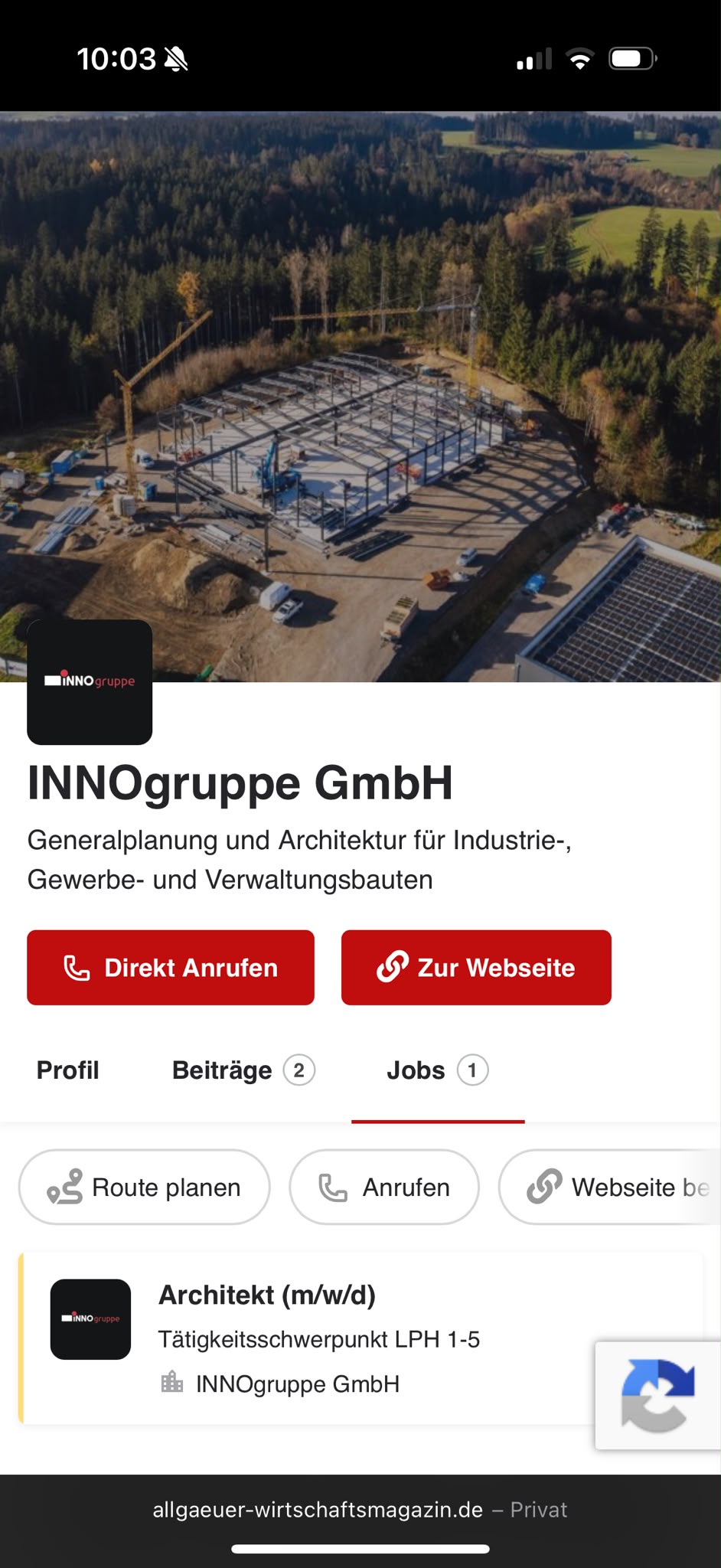 Arbeitgeberprofil mit mehreren Stellenanzeigen im Allgäu