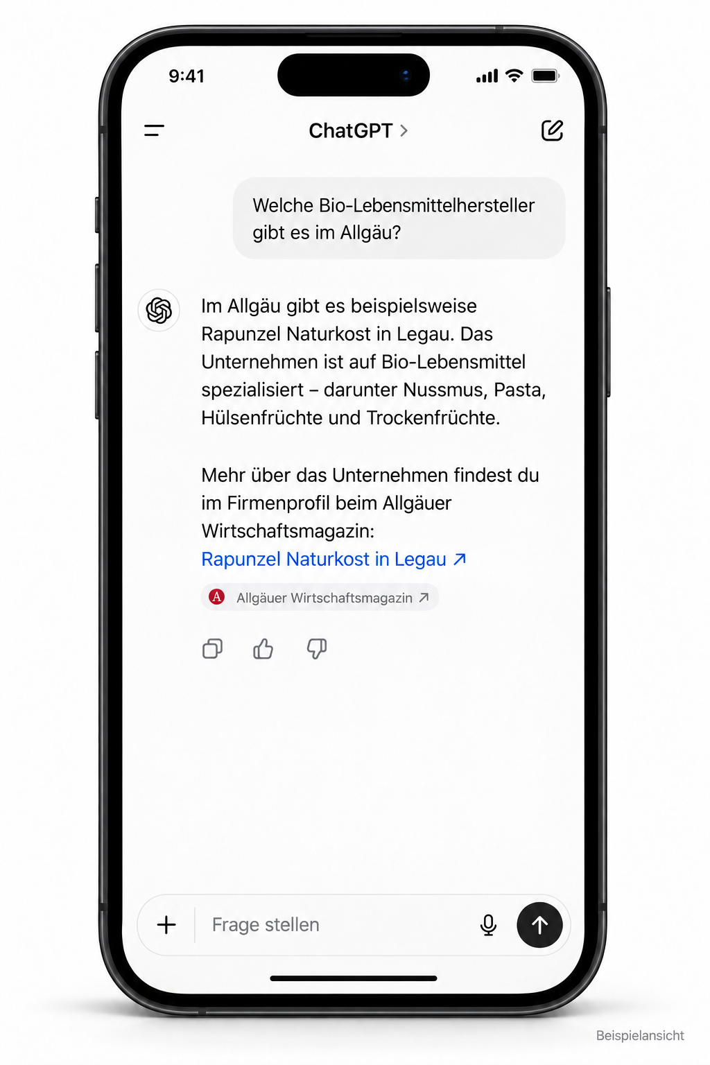 Illustratives Beispiel einer ChatGPT-Antwort zu Rapunzel in Legau