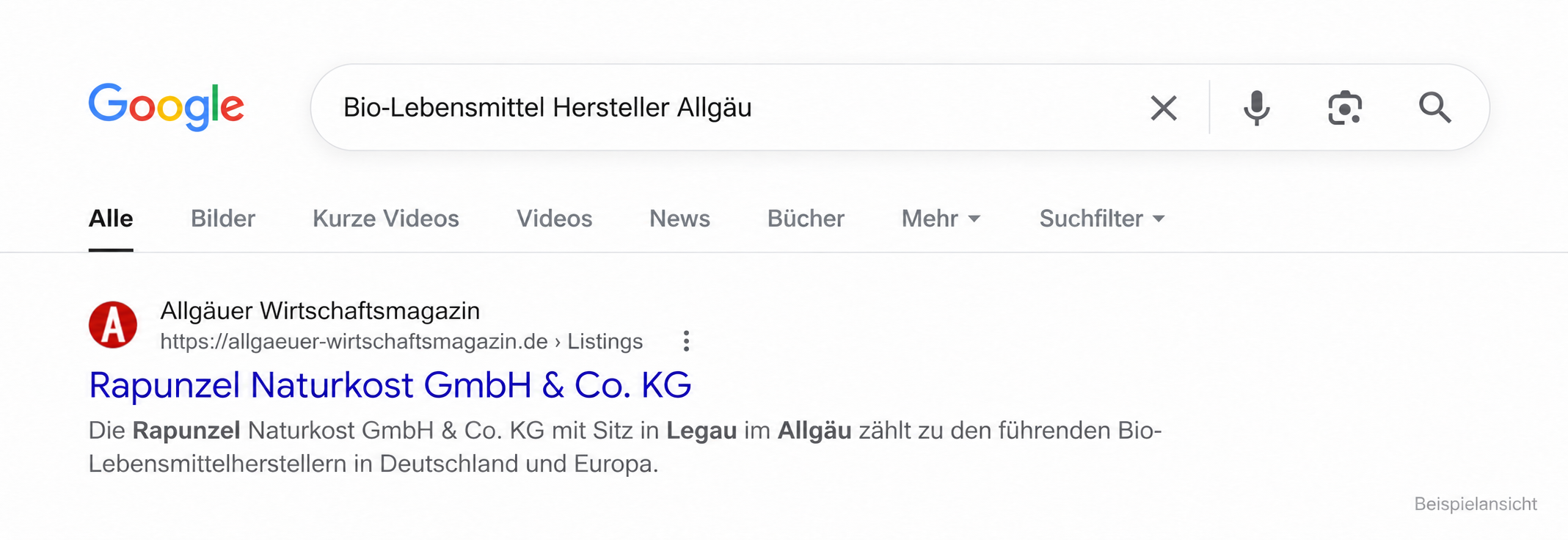 Illustratives Beispiel einer Google-Suche nach Bio-Lebensmitteln im Allgäu