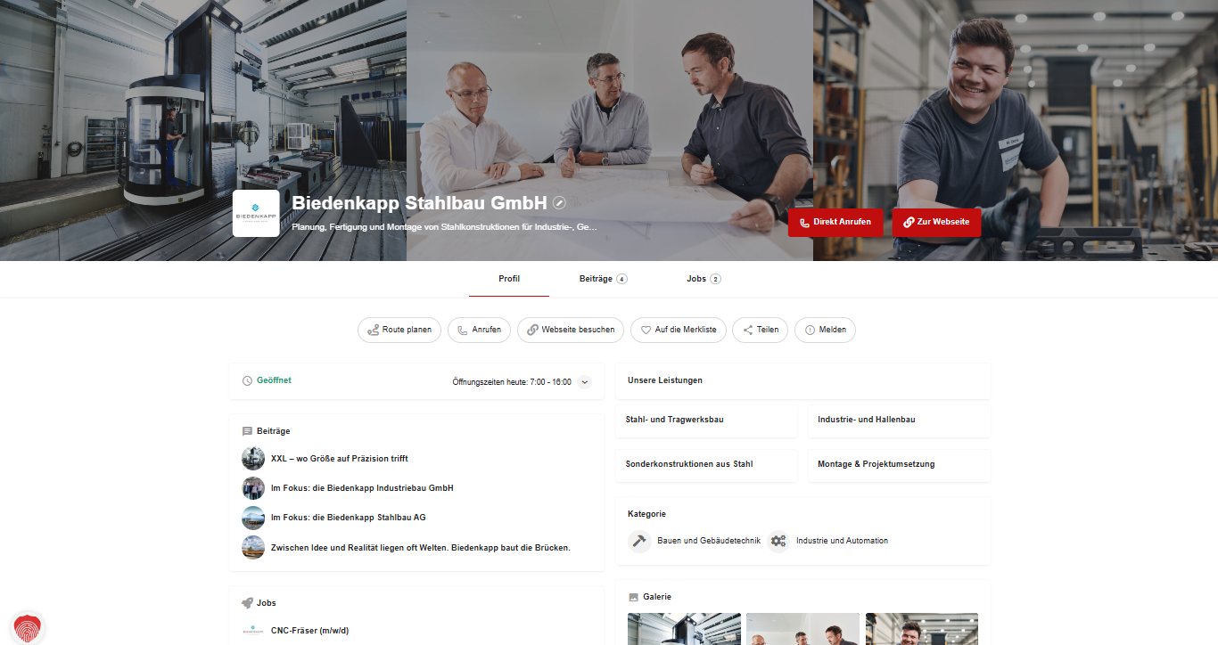 Leistungen und Unternehmensinformationen in einem digitalen Firmenprofil